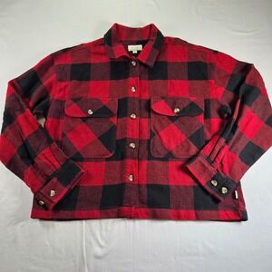 Brixton Bowery Womens Smal Cropped Red Black Buffalo Plaid Flannel Shirt Shacket